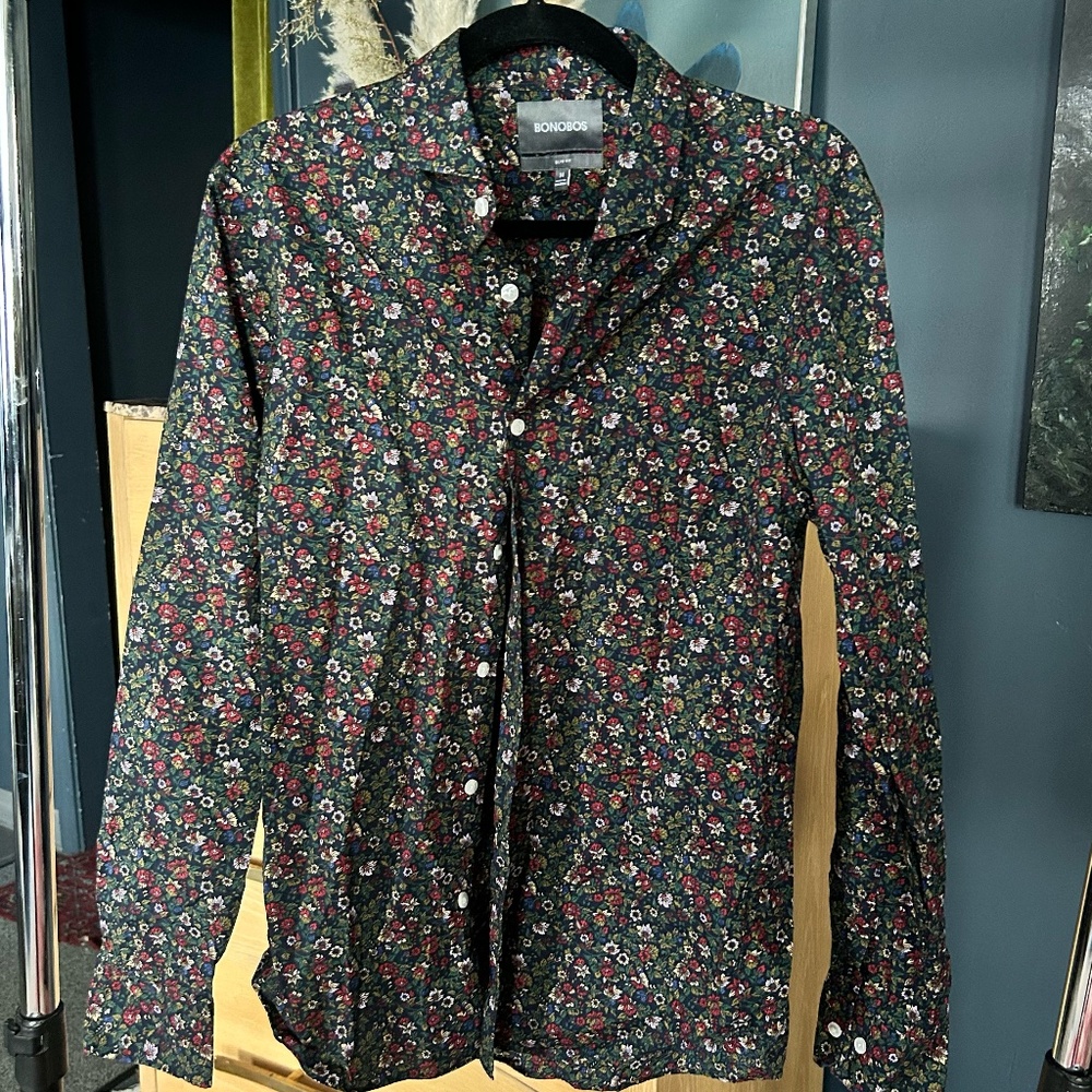 Bonobos Navy Blue Floral Print Slim Fit Button-down Shirt | Size M